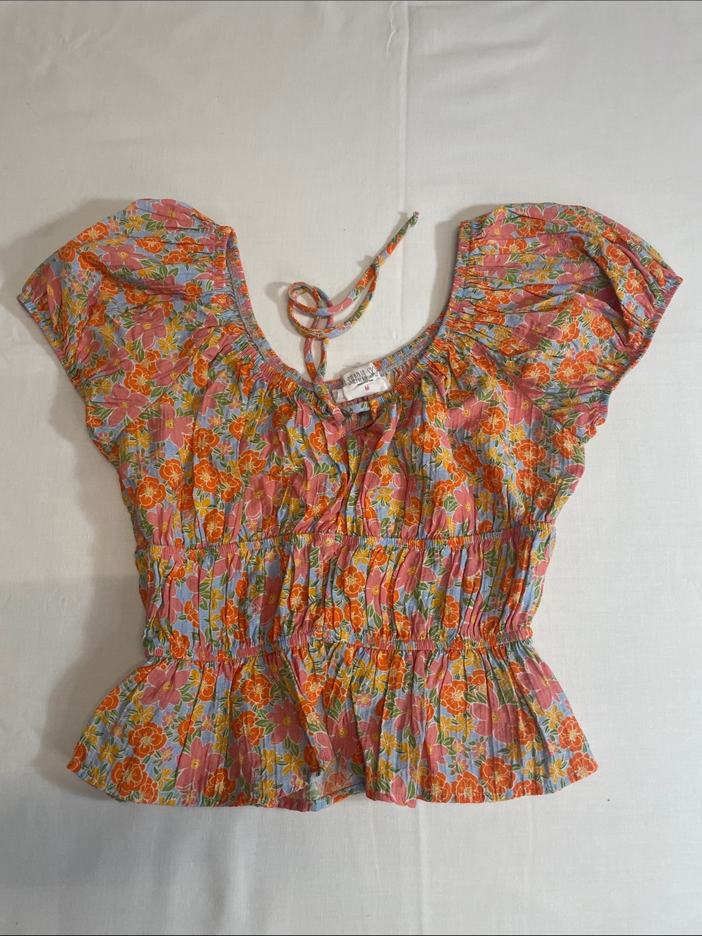 Sienna Sky Pink & Orange Floral Smocked Peplum Blouse Corset M casual brunch